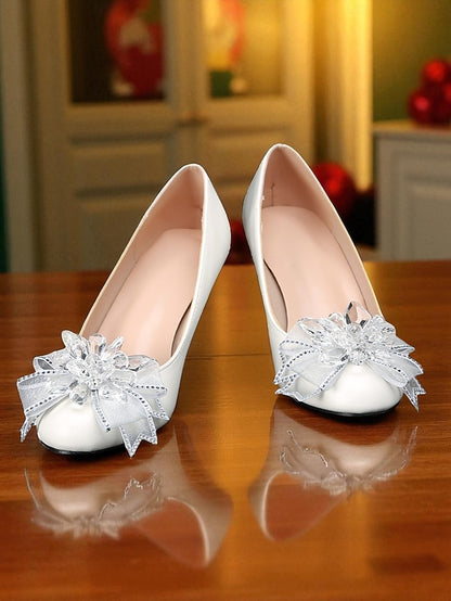 White with Heel Bow Low Wedding Shoes Women's Crystal