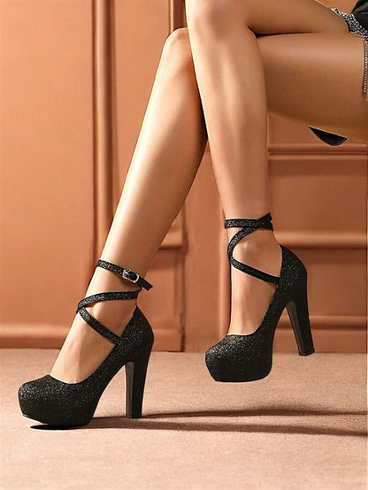 – Heels Platform with Strap Glitter Ankle Pink Women's