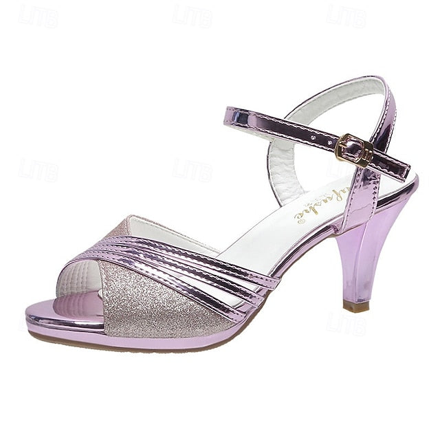 Mid with Women's Sandals Straps - Heel Glitter Silver