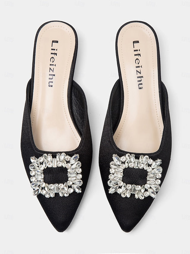 Satin Women's Rhinestone Pointed-Toe with Black Mules