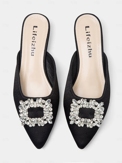 with Satin Black Pointed-Toe Women's Mules Rhinestone