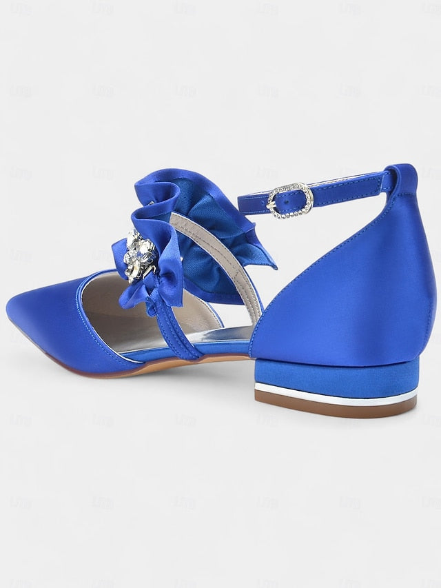 with Pointed-Toe Black Satin Women's Rhinestone Flats