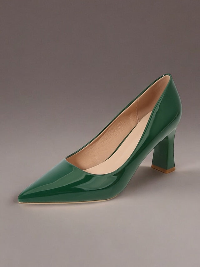 Leather Block Heel Glossy Pointed-Toe Pumps Green Patent Faux