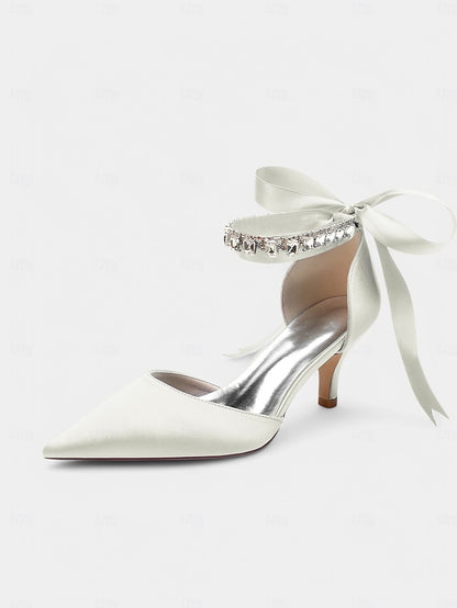 Heels Blue Ankle Pointed-Kitten with Strap Rhinestone and Satin