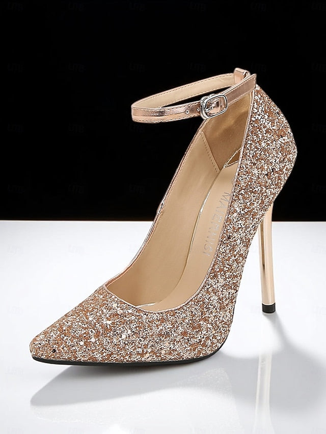 Heels Women's Stiletto – Pointed Sparkly Glitter Gold Toe