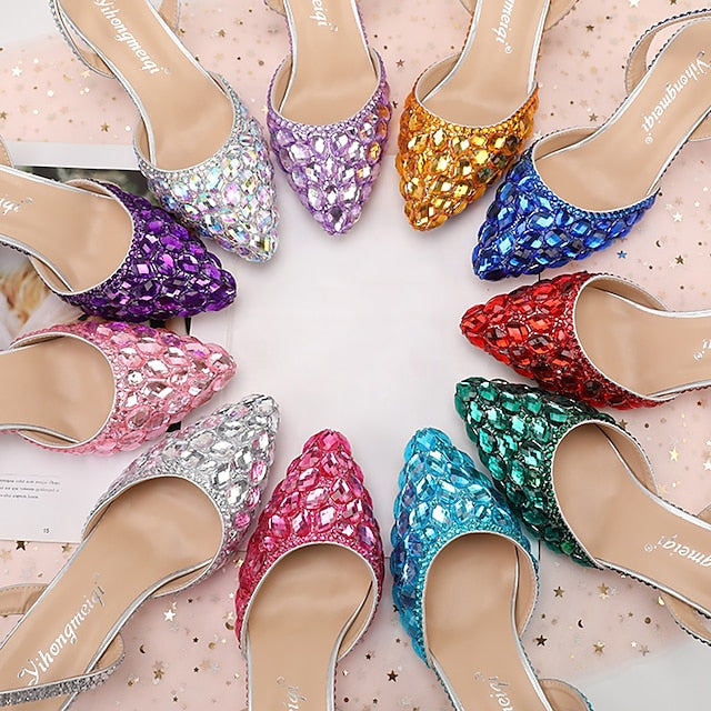 Heels Women's Crystal Slingback High Rhinestone Pointed-Toe