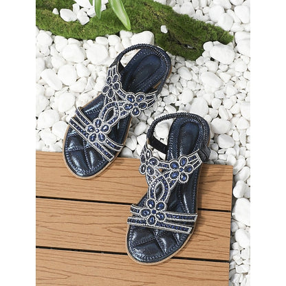 T-Strap Rhinestone Sandals Boho – Flat Women's Silver