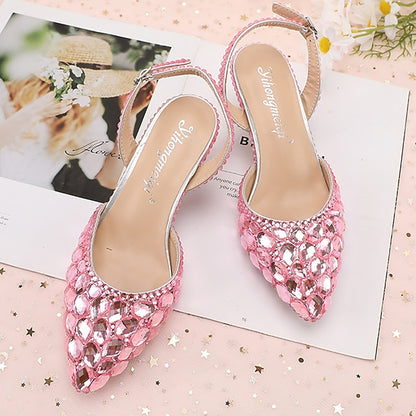 Crystal Slingback Heels Rhinestone Pointed-Toe Women's High