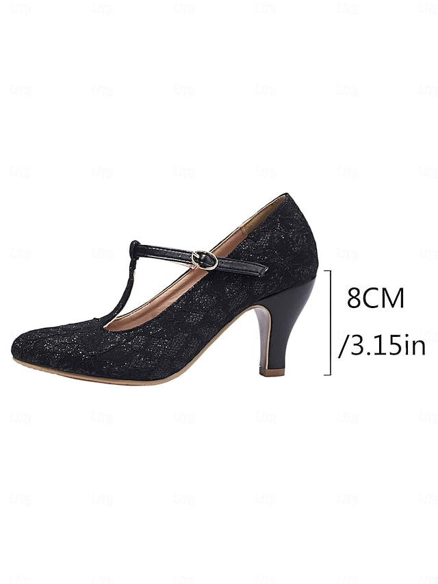 Ivory Heel Women's Pumps-1920s T-Strap Lace Vintage Mid