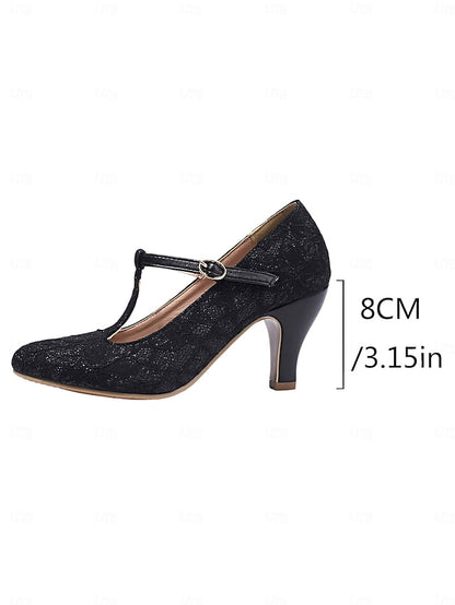 Ivory Heel Women's Pumps-1920s T-Strap Lace Vintage Mid