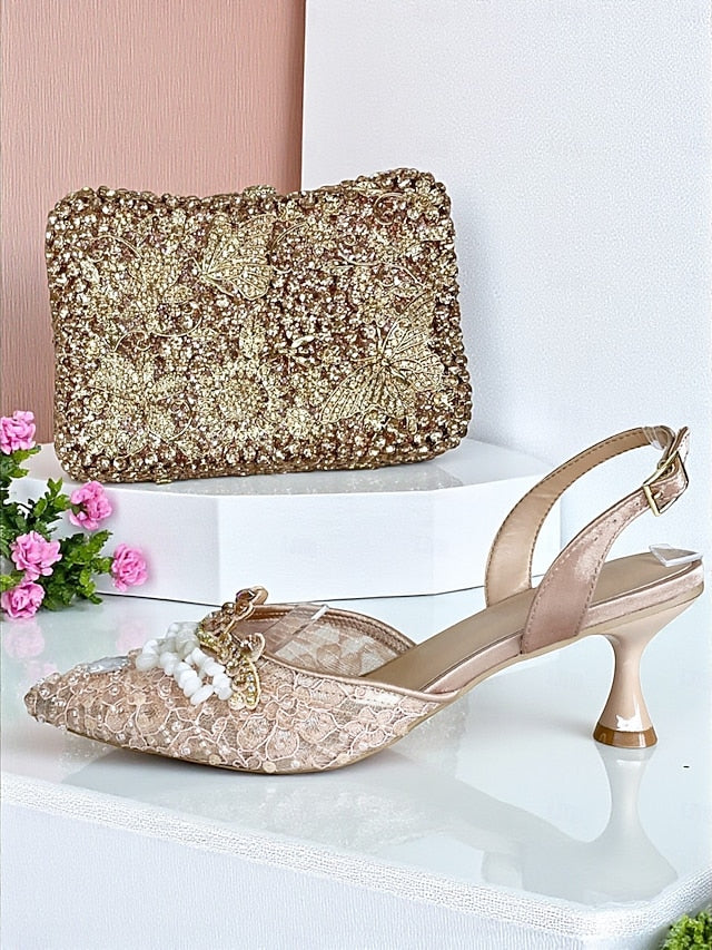 Heel Shoes and Women's Bag Clutch Rhinestone Set Green -
