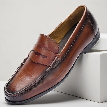 Men's Shoes Loafers Leather with Slip-On Penny Brown