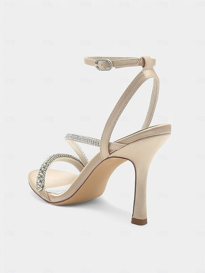 Champagne Satin Sophisticated Strappy Rhinestone Heels –
