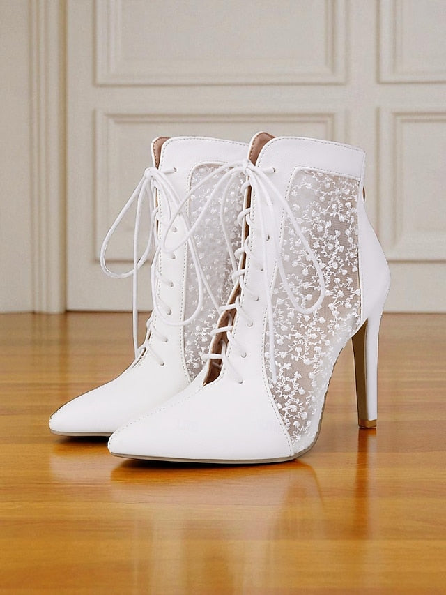 Ankle Mesh Heels Lace Booties Women's Stiletto White with