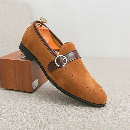 Slip-On Strap Brown Faux Loafers with Suede Buckle Men's