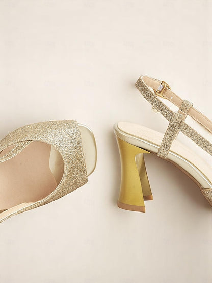 Slingback - Women's Gold Heels Glitter Sparkly Open-Toe