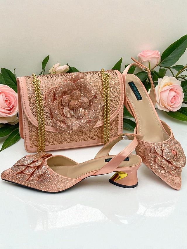 Slingback Women's Gold Matching Pumps with Rhinestone