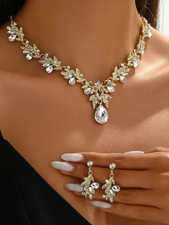 Set Gold Rhinestone - with Teardrop Pendant Jewelry Women's