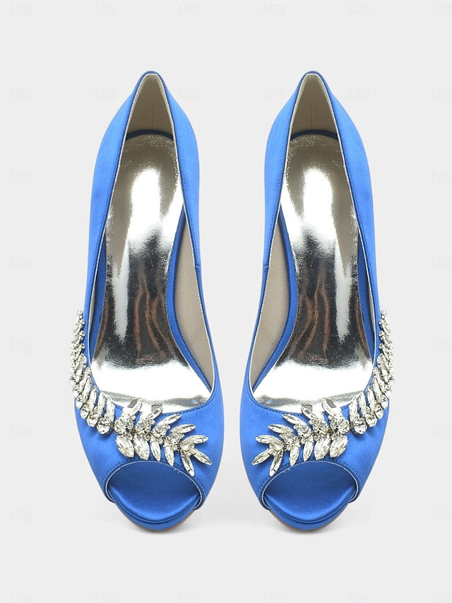 Satin Crystal Blue Heels Luxury – Peep-Toe Embellishment with
