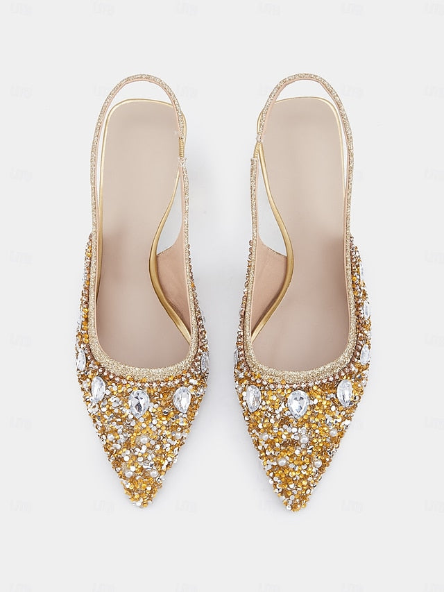 Slingback with Heels Rhinestone Gold Women's Pearl
