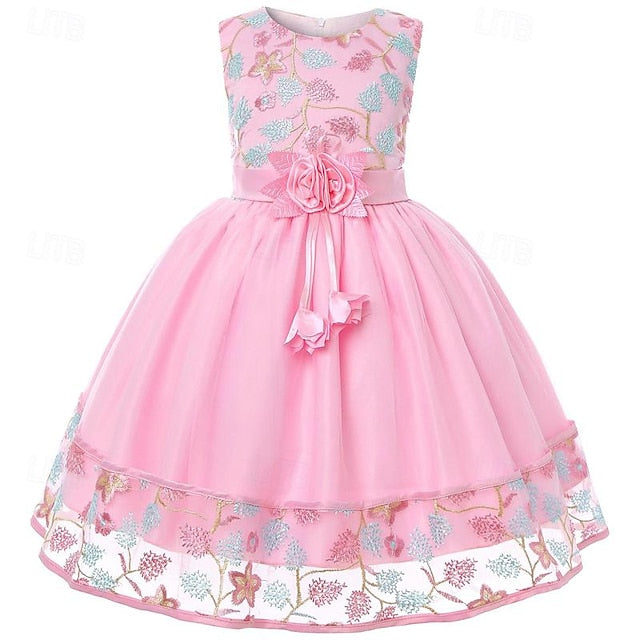 Girls' Sleeveless Flower Party Girl Dress 3D