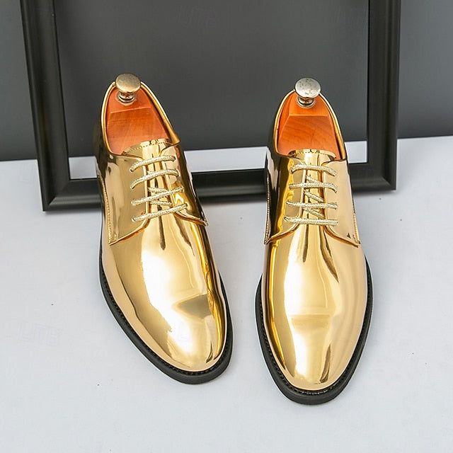 for – Patent Gold Shiny Shoes Leather Men Sleek Lace-Up