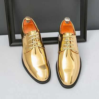 for – Patent Gold Shiny Shoes Leather Men Sleek Lace-Up