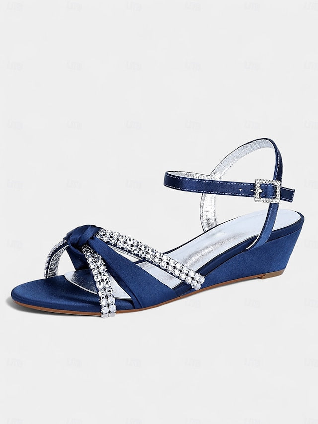 Satin Rhinestone Green - Women's Knot Wedge Sandals