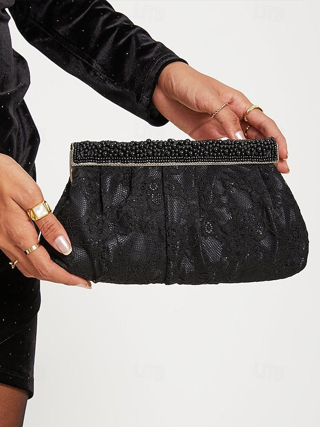 Black Clutch Evening Elegant Women's Lace Beaded Bag with