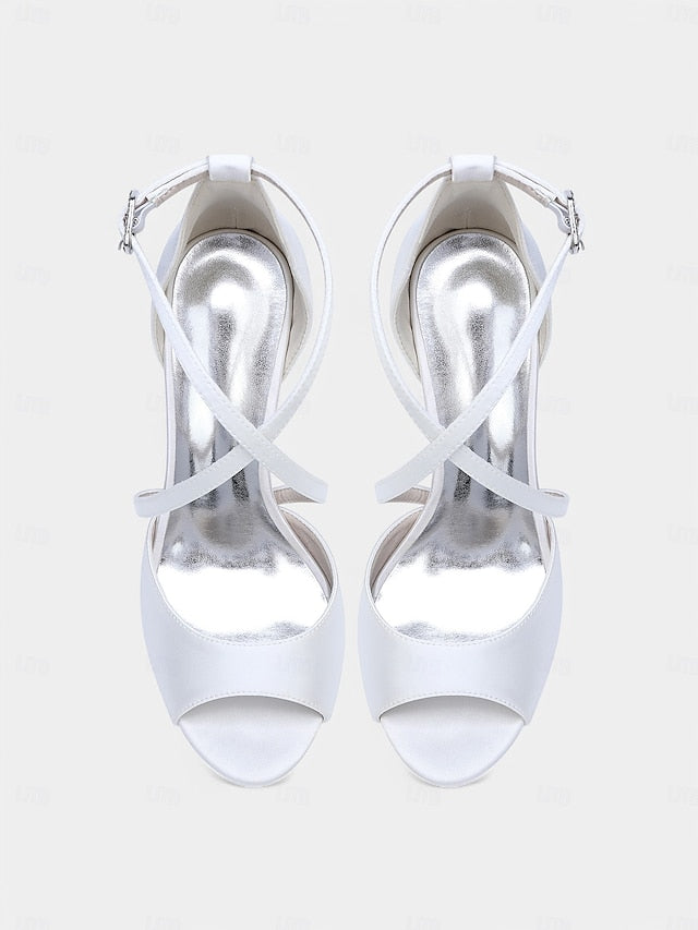 – Heels Peep-Toe Women's Satin Elegant Cross-Strap White