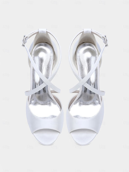 – Heels Peep-Toe Women's Satin Elegant Cross-Strap White