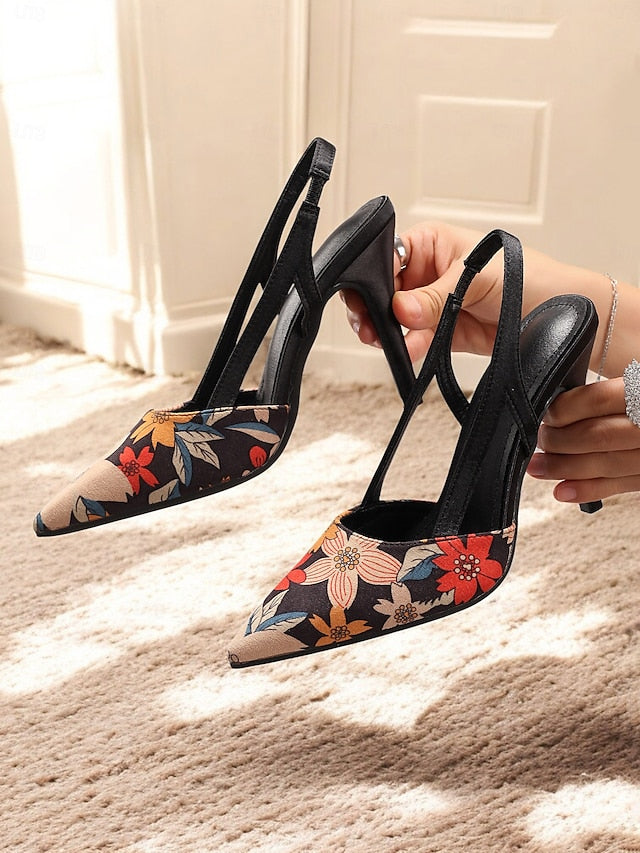 – Floral Pointed Heels Toe Slingback Women's High Elegant
