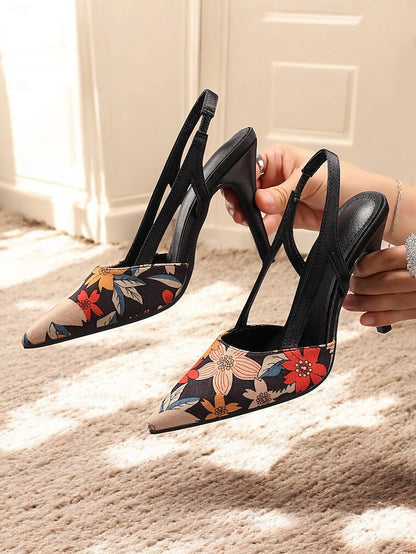 – Floral Pointed Heels Toe Slingback Women's High Elegant