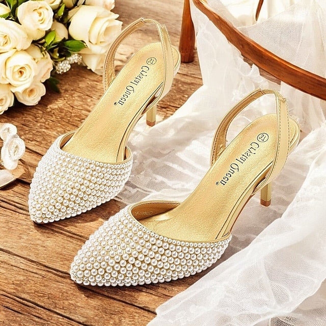 Women's Heels Slingback Pearl with White – Embellishments