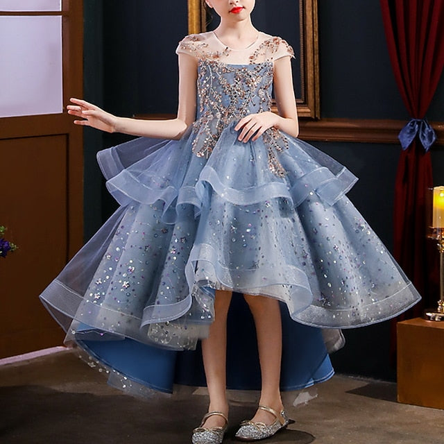 Sleeve Kids Sequin Short Party Performance Girls' Dress