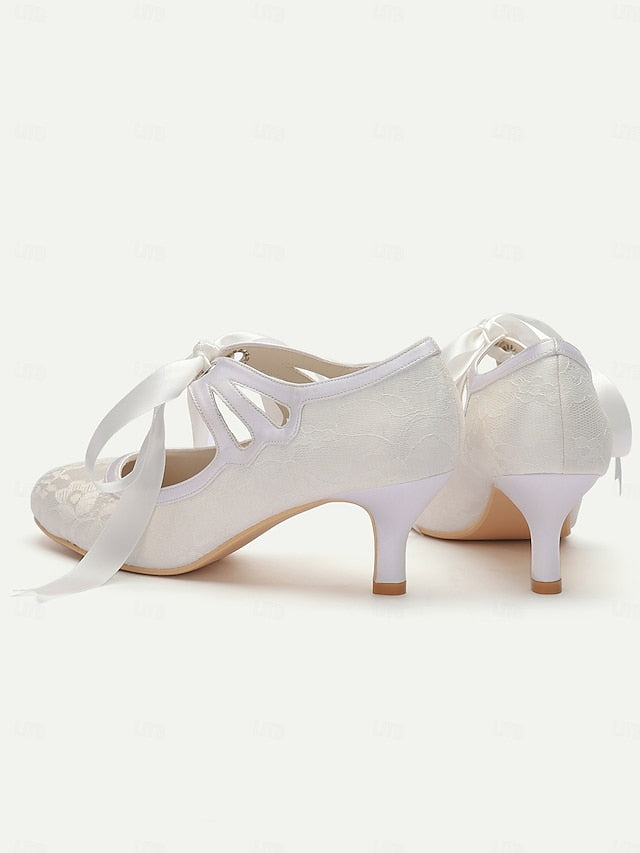 Vintage Ribbon White Bridal - Satin Lace with Ties Pumps Elegant