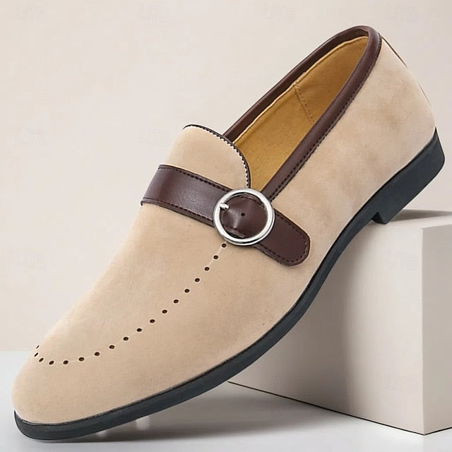 Slip-On Strap Brown Faux Loafers with Suede Buckle Men's
