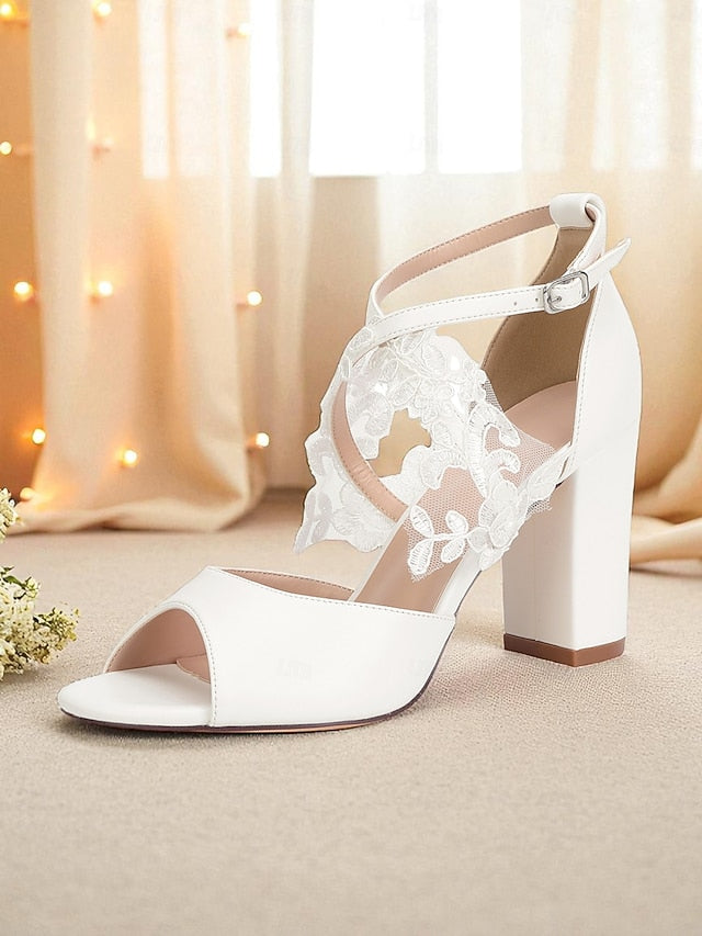 Women's Ankle - Block Lace Strap Heel with White Sandals