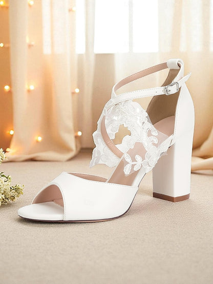 Women's Ankle - Block Lace Strap Heel with White Sandals