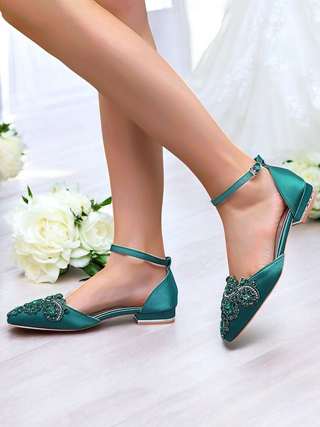 Embellished Green Vintage Gemstone Flats – Pointed-Toe Style