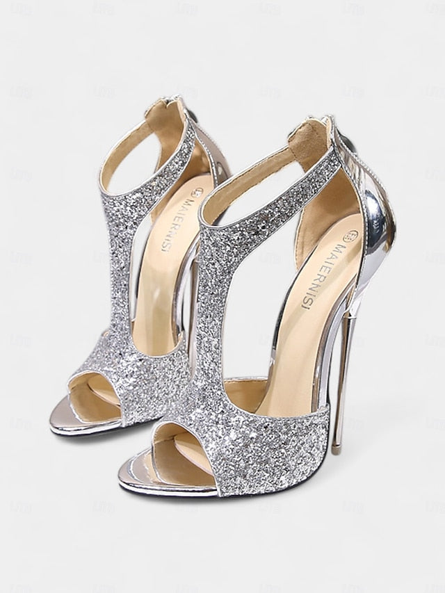 Gold and T-Strap Open Stiletto with Design for Toe Glitter Heels