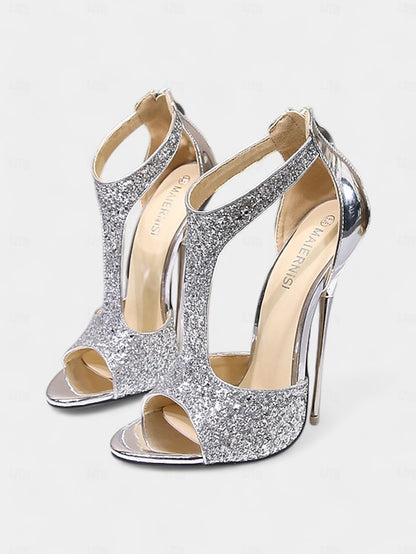 Gold and T-Strap Open Stiletto with Design for Toe Glitter Heels
