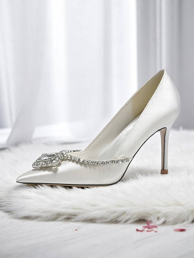 White Women's Heels Toe Crystal Pointed Wedding Satin with