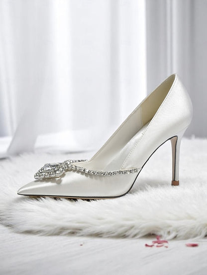Heels Pointed Women's White Crystal with Satin Toe Wedding