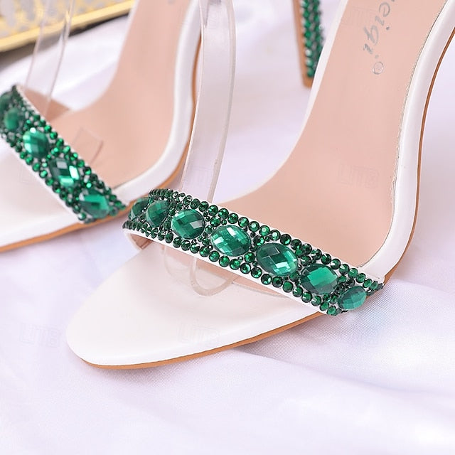 Heels Stiletto Rhinestone Matching Ankle Green Women's with