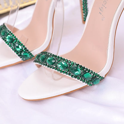 Heels Stiletto Rhinestone Matching Ankle Green Women's with