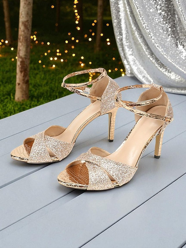 Sandals Heel High Strappy Women's Glitter Silver -