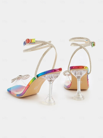 Clear Heel Crystal Bow Detail Rainbow Colorful Heels High with -