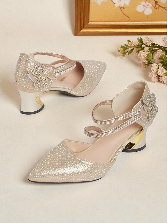 Rhinestone Heel Glitter Ankle Low Strap Toe Pointed Women's