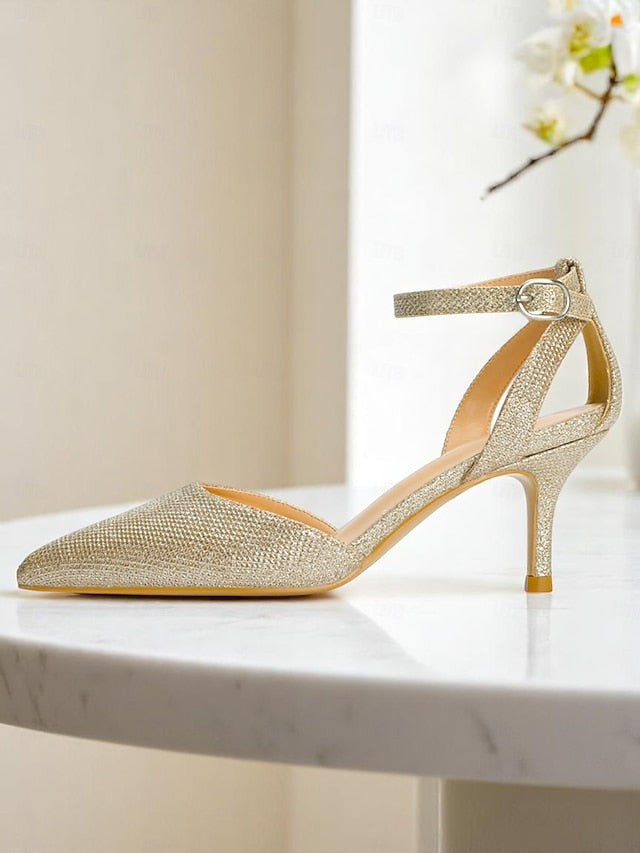 Gold Ankle Strap Glitter Women's Heels